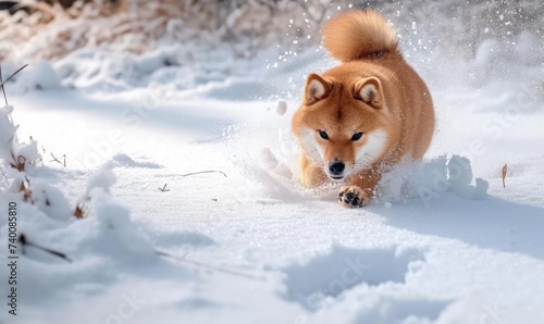 Cute funny red Shiba Inu dog running and playing outdoors in snow at the winter day  Generative AI