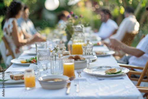 Beautifully decorated table with white tablecloth and healthy dishes in the garden  with blurred people who are talking and eating in the background