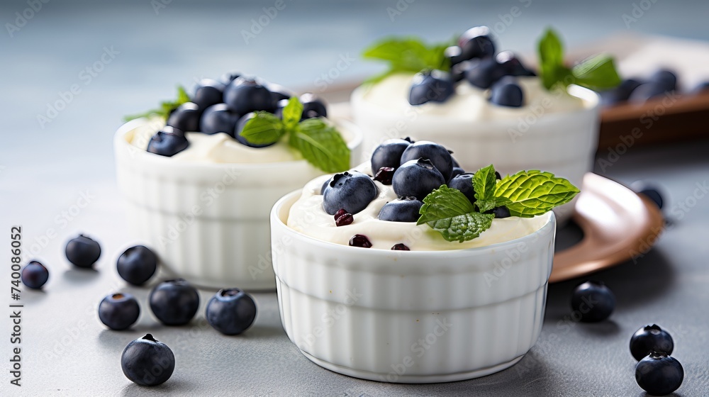 Light greek yogurt or cream dessert with fresh blueberries served in two white bowls Light greek yogurt or cream dessert with fresh blueberries served in two white bowls