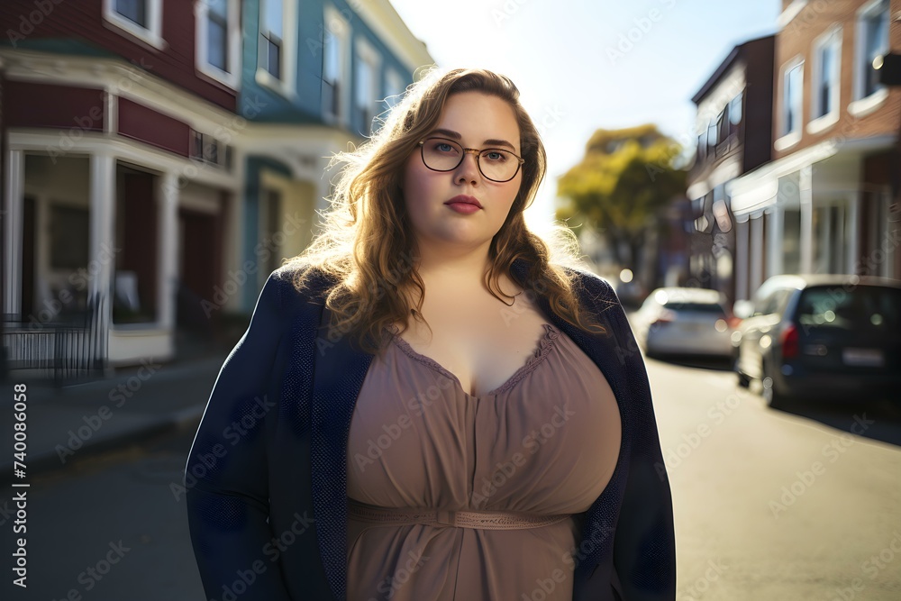 Confident overweight woman owns city street. Concept Body Positivity, Cityscape Photography, Empowerment, Urban Portrait, Self-Confidence