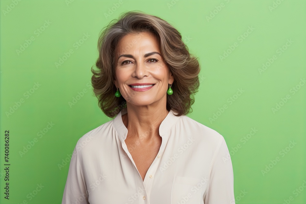 Portrait of happy senior businesswoman smiling at camera, over green background Portrait of happy senior businesswoman smiling at camera, over green background