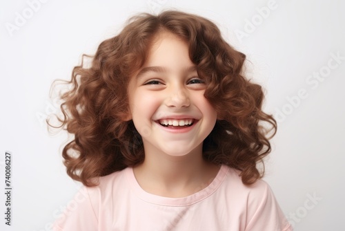 Portrait of a happy little girl with curly hair over white background