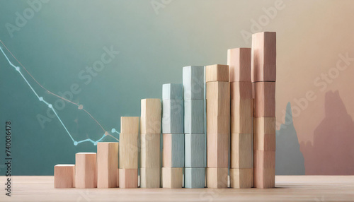 Business  science  finance  marketing  graphic resources concept. Wooden pastel colored cylinder blocks shape bar charts illustration. Minimalist background with copy space