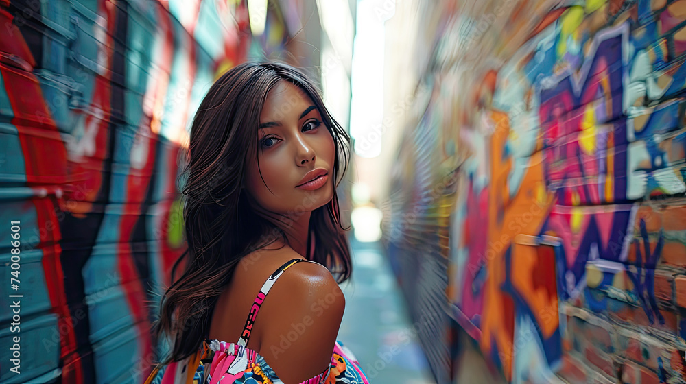 A stylish young woman poses with a contemplative gaze in a vibrant graffiti-covered alley, highlighting urban street fashion.
A stylish young woman poses with a contemplative gaze in a vibrant graffiti-covered alley, highlighting urban street fashion.