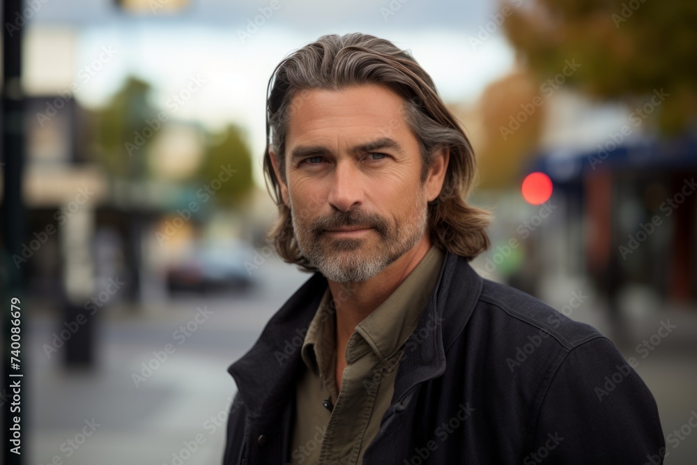 Fototapeta premium Handsome middle-aged man with grey hair and beard in a urban setting.