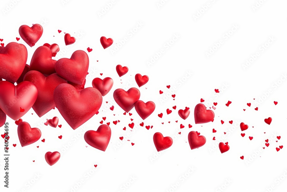 Valentine's day background with red hearts floating and isolated on white background, clipping path, Generative AI