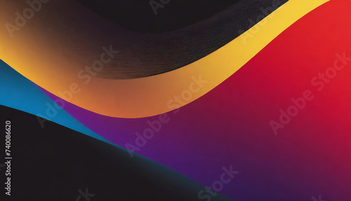Dark grainy color gradient wave background, purple red yellow blue colors banner poster cover abstract design, black copy space