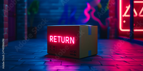 "RETURN" written with neon letters on a carboard box , DELIVERY concept