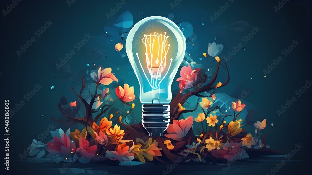 light bulb concept with flowers illustration - obrazy, fototapety, plakaty 