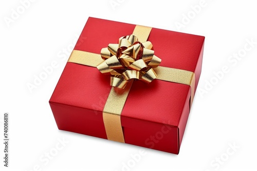 Red wrapped gift present with golden ribbon bow opened and isolated on white or white background, Generative AI © Planetary Artist