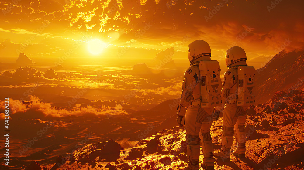 Two astronauts look towards a radiant sunset, surrounded by the rugged terrain of a Mars-like planet, embodying exploration and discovery.
