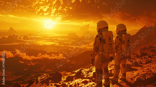 Two astronauts look towards a radiant sunset, surrounded by the rugged terrain of a Mars-like planet, embodying exploration and discovery. 