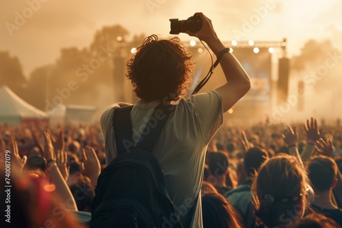 Back view of a photographer taking photos at an outdoor music festival.