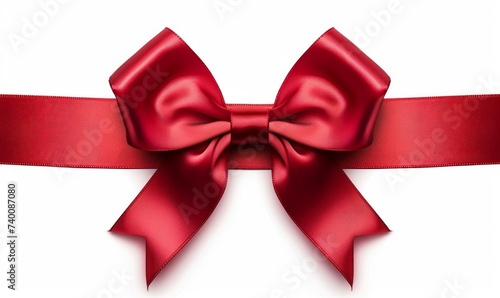 Red ribbon satin bows isolated on white background, horizontal element for decoration gift boxes, Generative AI