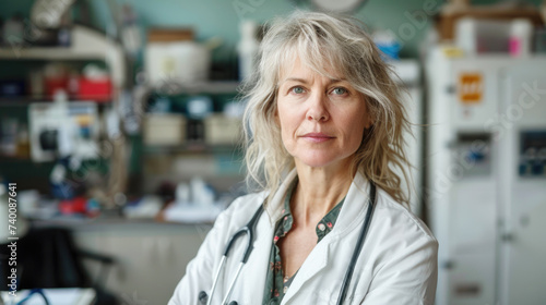 Portrait of mid aged female doctor with stethoscope standing in the office