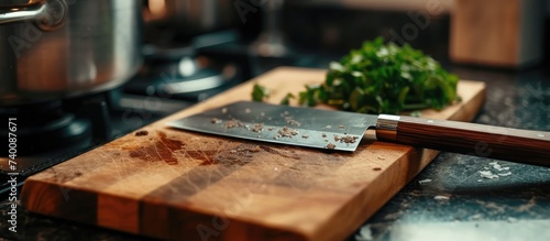 A steel cleaver rests on top of a sturdy wooden cutting board, showcasing its triple cutting power.