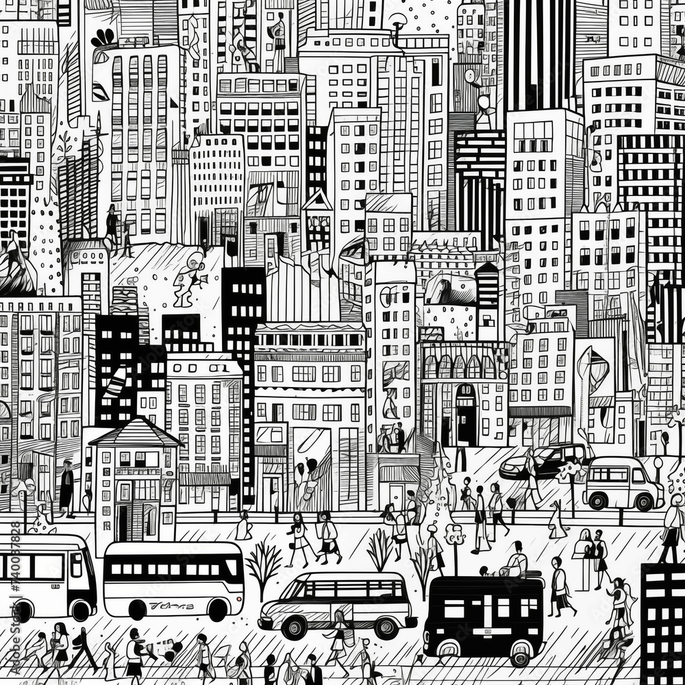 The black and white drawing depicts a cityscape filled with skyscrapers, bustling with cars and buses. Streetlights illuminate the busy streets as people go about their daily activities.