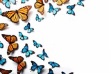 Frame of Flying Monarch Butterflies Isolated on white background towards center of frame with copy space, Generative AI