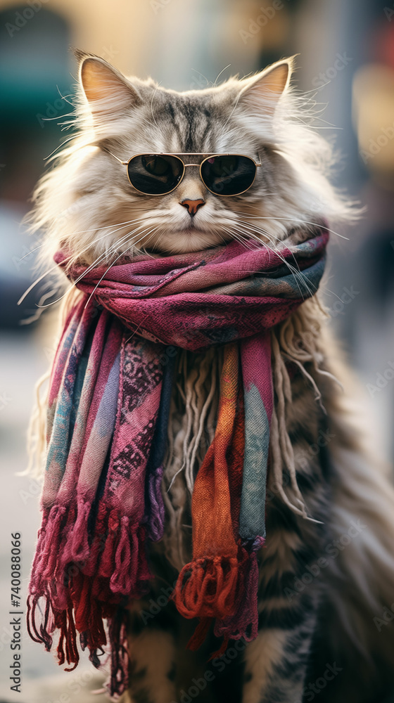 Stylish cat wearing sunglasses and scarf. Generative AI