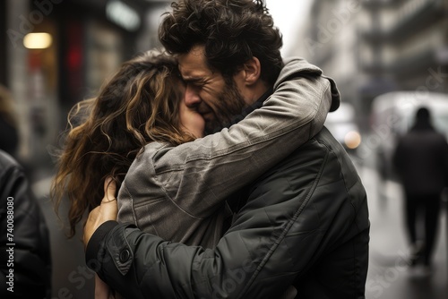 A couple shares a passionate embrace on a bustling city street.