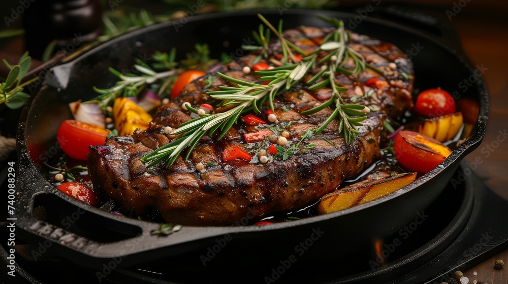Juicy grilled steak garnished with rosemary, spices, and colorful cherry tomatoes in a pan.