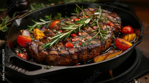 Juicy grilled steak garnished with rosemary, spices, and colorful cherry tomatoes in a pan.