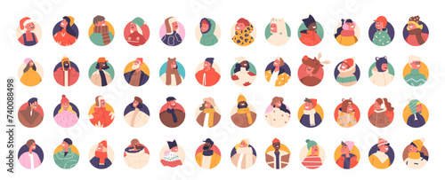 Cartoon Characters in Winter Clothes Avatars Set Features People Dressed In Cozy Attire Such As Coats, Scarves, And Hats