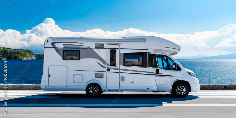 Motorhome Serendipity in Focus with a lake background, on road Motorhome Serendipity in Focus with a lake background, on road