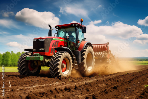 Tractor drilling seeding crops at farm field