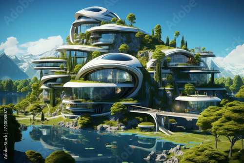 Sleek multi tiered eco structures with green roofs cascade down a hillside reflecting in the tranquil waters of a mountainous lake setting. Fantasy city concept