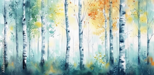 Watercolor painting illustration of abstract birch trees in forest, landscape background, Generative AI photo