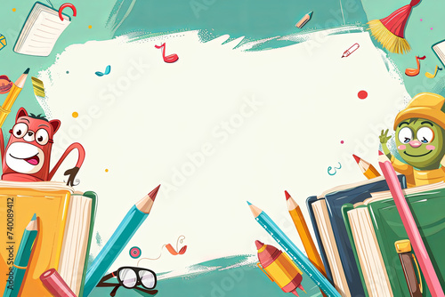 Back to school vector characters background template with funny education cartoon mascots like pencil and book and white space for text photo