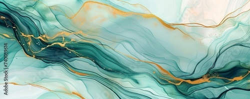 Abstract watercolor paint background illustration. Soft pastel green aquamarine color and golden lines with liquid fluid marbled paper texture banner texture, Generative AI photo
