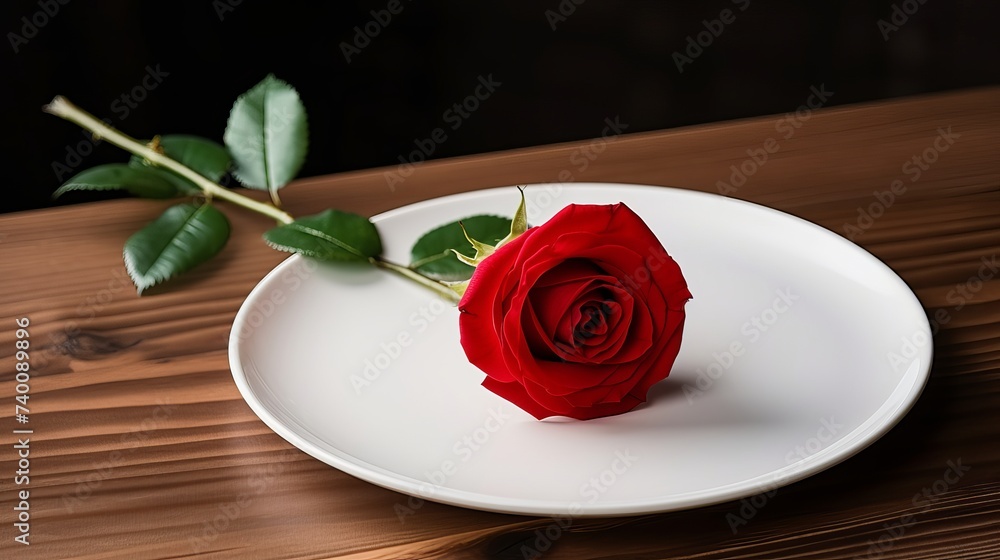 Red rose on white dish.Meal on Valentines Day Red rose on white dish.Meal on Valentines Day