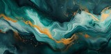 Abstract marble marbled ink painted painting texture luxury background banner. Green waves swirls gold painted splashes. Generative AI