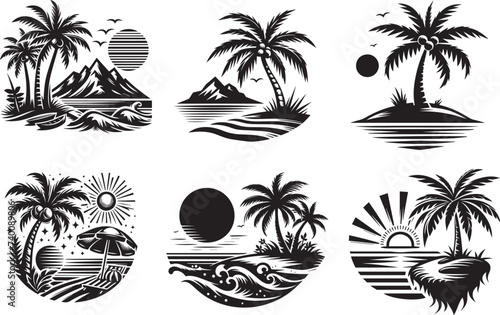 palm tree on a desert island, collection of vector graphics 