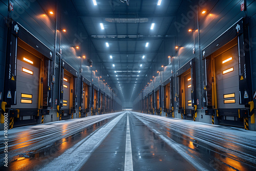 Obraz na plátně Modern, illuminated warehouse with multiple loading docks and a polished, reflective floor