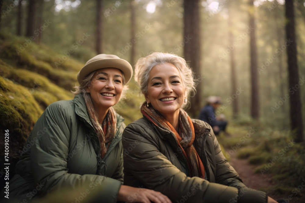 Fototapeta premium Senior women hiking in the forest, retired female friends in adventure, walking in a park. Happy , smiling mature traveller trekking in nature for cardio health. Healthy lifestyle, leisure activity. 