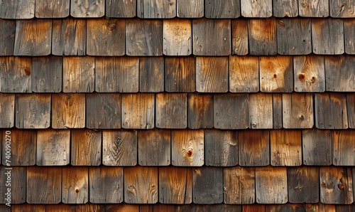 Old brown rustic wooden shingle wall texture. wood facade architecture background, Generative AI photo