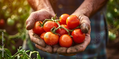 Agriculture tomato vegetables harvest background. Close up of hands of farmer carrying ripe tomatoes. Generative AI