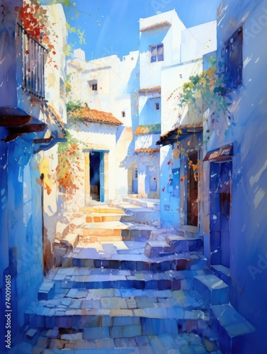 The painting depicts a narrow street lined with buildings, featuring steps leading up or down. The scene captures the charm of a quaint urban alley. © pham