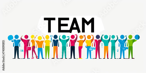 logo with "TEAM" with a lot of people drawn as colorful persons on a white background