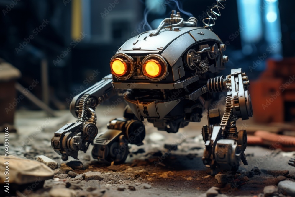 Mechanical spider robot with glowing eyes positioned on rocky terrain.