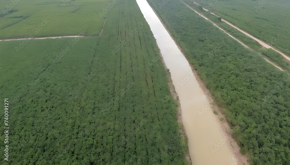 Aerial view of an irrigation canal that cuts through rural farmland. Top view of eucalyptus forest in Thailand