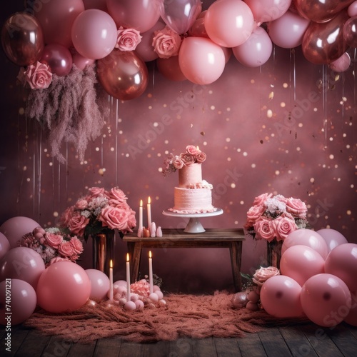 Pink Floral Backdrop With Birthday Decoretion photo