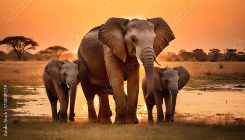 African Elephant Family of Five at Sunset photo