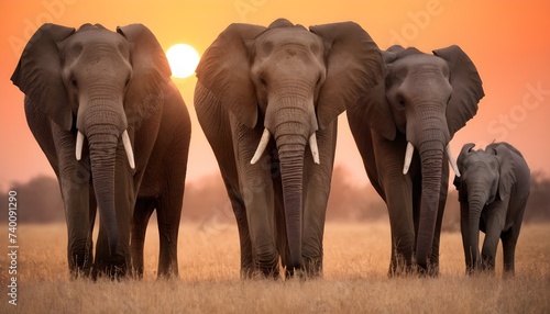 African Elephant Family of Five at Sunset © Gutium