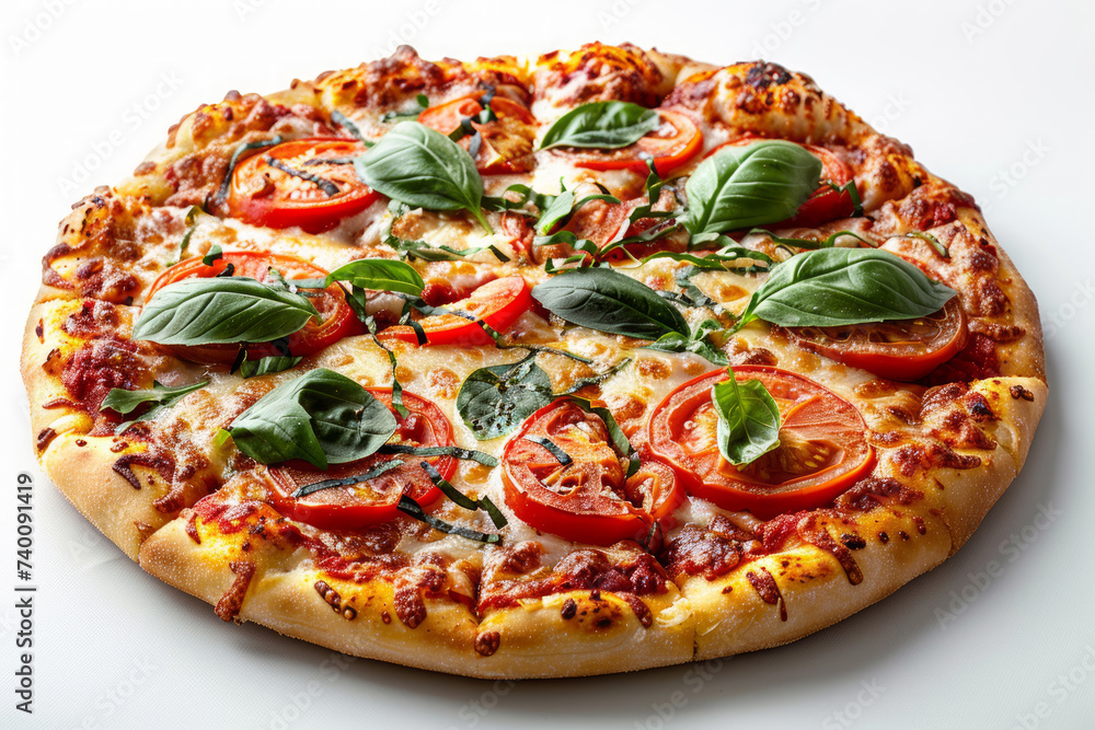 The pizza is topped with melted cheese, fresh herbs and toppings. Beautifully grilled to whet your appetite. Perfectly matched product photography. Pizza photo suitable for web and print ads.