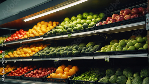 Fresh and clean healthy fruits and vegetables on a shelf in a supermarket background