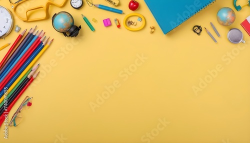 Back to school. School accessories on a yellow background. photo banner